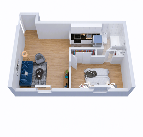 Floor plan for 1 bed, 1 bath, 659 sqft
